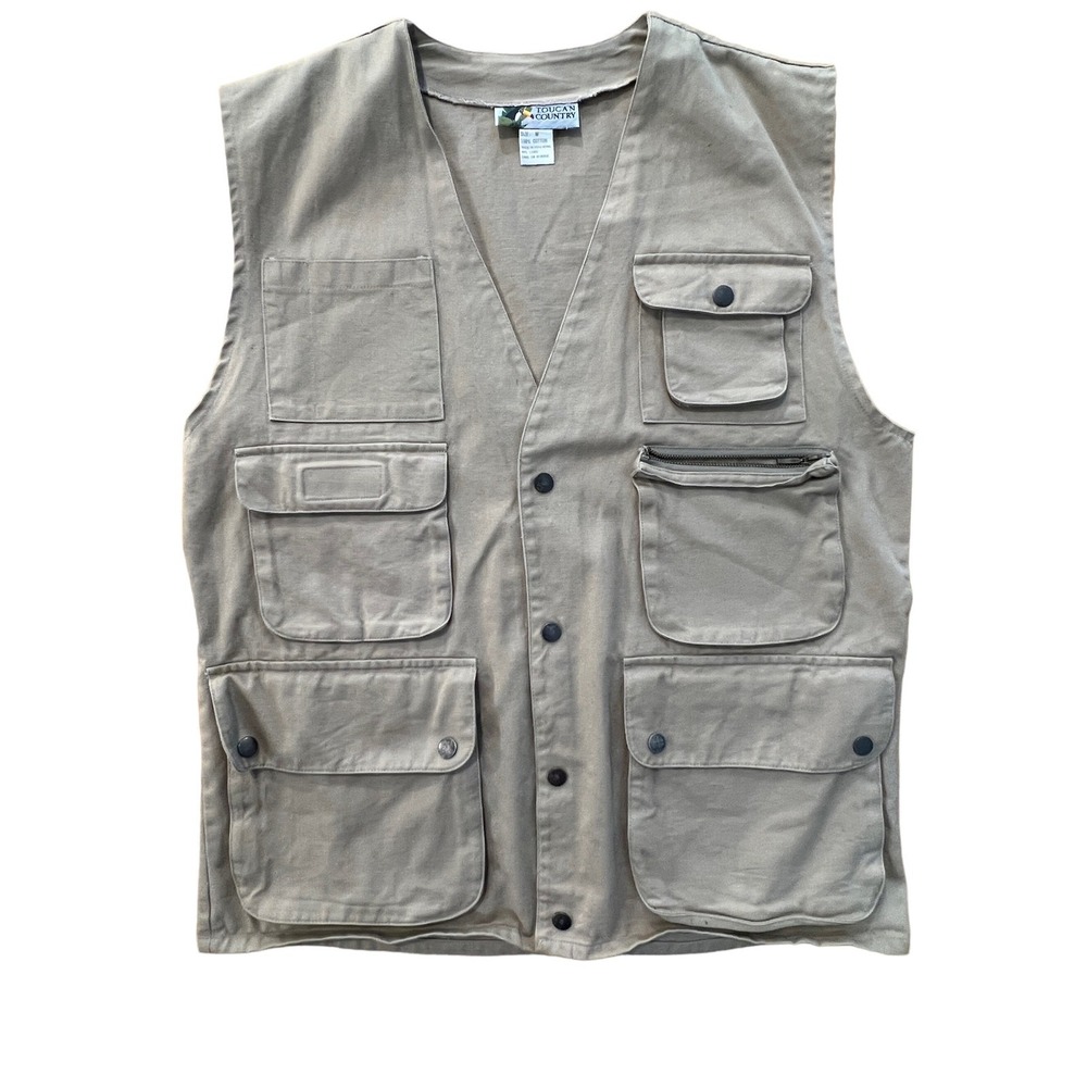 VTG Toucan Country Utility Vest Men M Tan Cotton Multi Pocket Gorpcore Safari